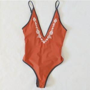 Aerie Plunge Embroidered Rust and Grey One Piece